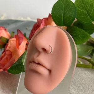 Puede incluir: Un aro de nariz plateado con un pequeño acento de bola se muestra en una cara de maniquí. El maniquí es de color melocotón claro, y el fondo incluye rosas rosas y naranjas y hojas verdes.