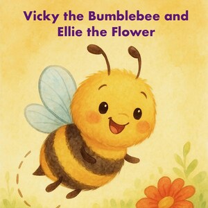 May include: A cartoon bumblebee with yellow and black stripes flies over a field of flowers. The bumblebee has a happy expression and is flying towards a red flower. The text "Vicky the Bumblebee and Ellie the Flower" is at the top of the image.