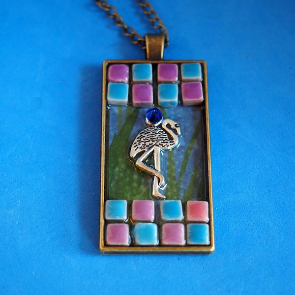 Flamingo Mosaic Pendant; Micro Mosaic Jewelry; Flamingo Charm Pendant Necklace