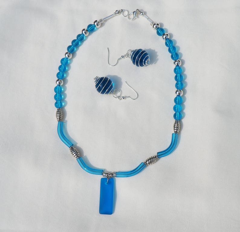 Blue Art Glass Necklace and Earrings Set