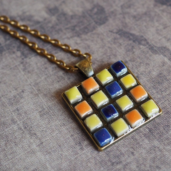 Mosaic Tile Pendant; Micro mosaic Necklace; Multicolor Ceramic Jewelry
