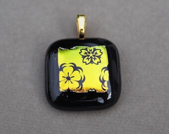 Gold & Black Dichroic Glass Pendant - Fused Glass Jewelry - Dichroic Jewelry — Bohemian - Boho Jewelry