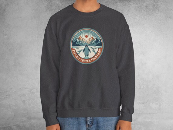 Nihilist Penguin Sweatshirt: Explore Frozen Frontiers, Dark Humor Retro Travel Poster, Burnout Vibes