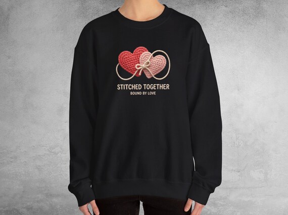 Connected Anatomical Hearts Sweatshirt: Faux Crochet Texture Print, Tethered By Love, Long Distance Gift