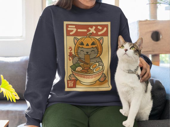 Kawaii Cat Sweatshirt: Pumpkin Ramen, Funny Halloween Crewneck