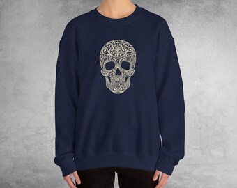 Faux Crochet Skull Sweatshirt: Victorian Gothic Trompe L'oeil Lace Print Crewneck