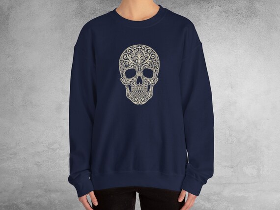 Faux Crochet Skull Sweatshirt: Victorian Gothic Trompe L'oeil Lace Print Crewneck