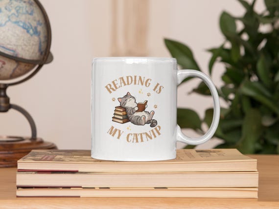 Reading Cat Mug, Book Lover Gift, Funny Catnip Coffee Mug