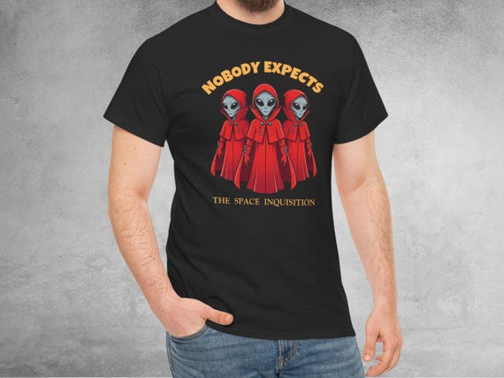 Alien Space Inquisition Tee | Funny Parody Graphic T-Shirt, Retro Sketch-Comedy Geek Shirt