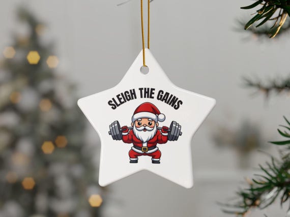 Sleigh The Gains Santa weightlifting ornament | Ceramic Christmas ornament