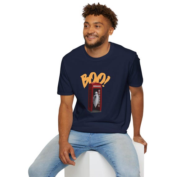 BOO! Unisex T-Shirt - Ghost in Red Phone Booth Retro Halloween Graphic