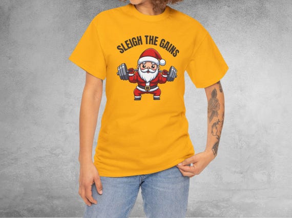 Sleigh the Gains Santa Weightlifting Tee | Christmas Gym Shirt, Funny Workout Graphic