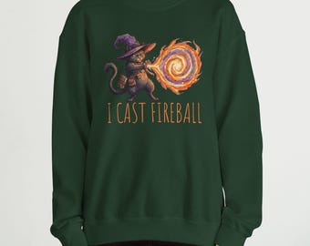Wizard Cat I Cast Fireball Sweatshirt: Tabletop RPG Gamer Graphic Crewneck