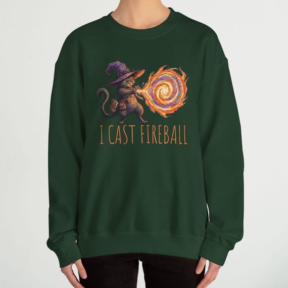 Wizard Cat I Cast Fireball Sweatshirt: Tabletop RPG Gamer Graphic Crewneck