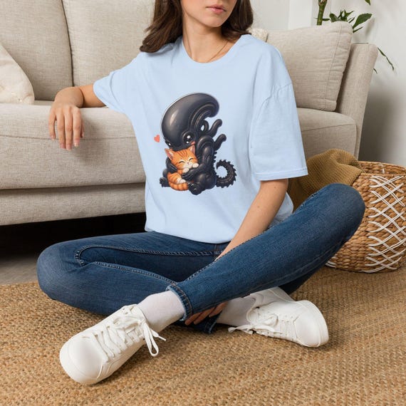 Cute Xenomorph Shirt, Kawaii Alien and Cat, Chibi Sci-Fi Tee, Funny Geek Sweatshirt, Nerd Gift Hoodie, Space Kitten Apparel
