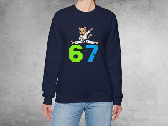 Karate Cat Crewneck Sweatshirt, Split Kick 67 Graphic