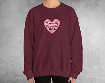 Valentine Heart Crewneck, Stitch Lover Knitting Gift, Needlepoint Effect Print