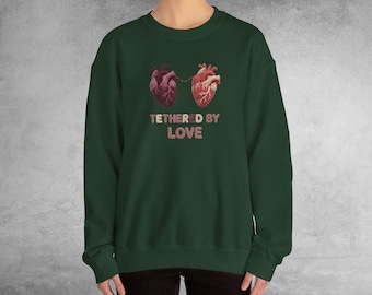 Connected Anatomical Hearts Sweatshirt: Faux Crochet Texture Print, Tethered By Love, Long Distance Gift