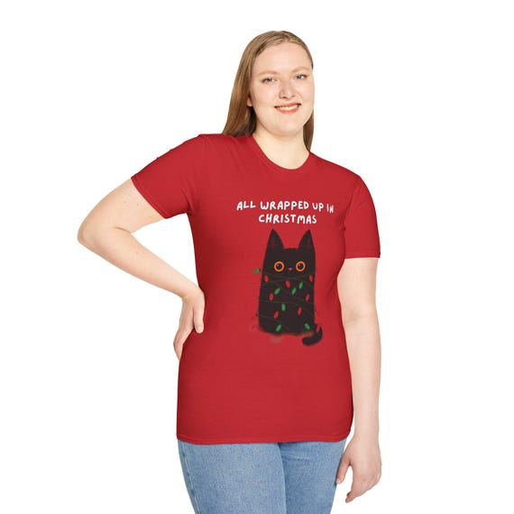 Christmas Cat T-Shirt: Funny Holiday Lights, Unisex Cotton Tee