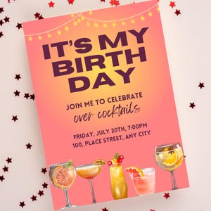 Sjabloon verjaardagsuitnodiging cocktailparty volwassene | Leuke en moderne uitnodiging | Avondje uit voor meiden | Afdrukbare feestkaart zonsondergang thema