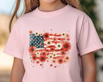 Floral 4th of July Usa Flag T-Shirt, Floral Flag Shirt, 4th of July Floral Tee, Women's 4th of July Tee, American Flag Shirt, Usa T-Shirt