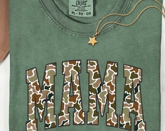 Comfort Colors Camouflage Mama T-Shirt, Mama Shirt, Mom Shirt, Retro Mama Shirt, Camo Mama Shirt, Varsity Mama Shirt, Gift for Mom, Mothers