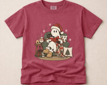 Comfort Colors Cozy Christmas Ghost Youth T-Shirt, Bookish Holiday Sweatshirt, Reading Ghost Shirt, Winter Tee, Festive Top, Reader Gift