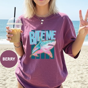 Comfort Colors® Funny Bite Me Shark T-Shirt, Retro Shark Shirt, Cute Summer Shirt, Unhinged Shirts, Funny Beach Top, Summer Meme Tee