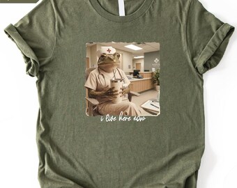 Comfort Colors Frog Nurse T-Shirt, Funny Medical Humor Froggy Tee, Funny Frog Nurse Shirt, I Live Here Now Sweater, Healthcare Worker Gift