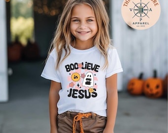 Boo-Lieve in Jesus Kids Shirt, Christian Halloween Tee, Cute Ghost Faith Toddler Tee, Comfort Colors® Fall Ghost Tee, Spooky Christian Tee