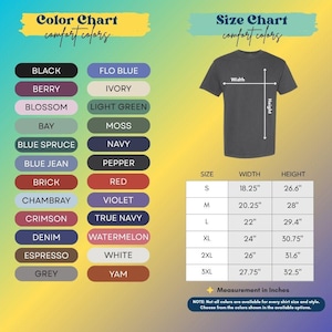 The image is a color chart and size chart for a t-shirt, providing a visual representation of different color options and corresponding measurements.