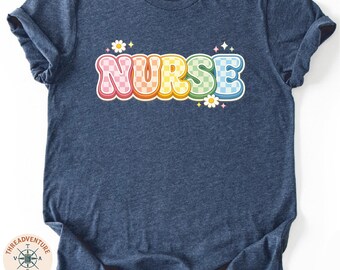 Coquette Nurse T-Shirt, Floral Nurse Top, Retro Checkered Medical Sweatshirt, Gift for Nurse, RN Appreciation Top, Healthcare Worker Gift
