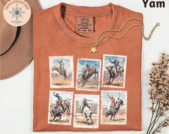 Camiseta de rodeo con estampado de sellos del oeste, top gráfico de vaquero montando toros, sudadera de concierto country, camisa de rodeo del oeste, top de vaquera del oeste