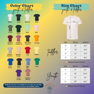 May include: Color and size chart for youth and toddler t-shirts. The color chart displays various shirt colors, including white, black, and navy. The size chart shows measurements in inches for toddler and youth sizes. The image includes the text "THREADVENTURE APPAREL."