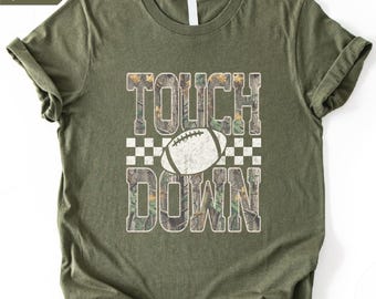 Touchdown Football Shirt, Comfort Colors Game Day T-Shirt, Camo Sweatshirt, Checkered Sports Tee, Sports Fan Top, Football Gift