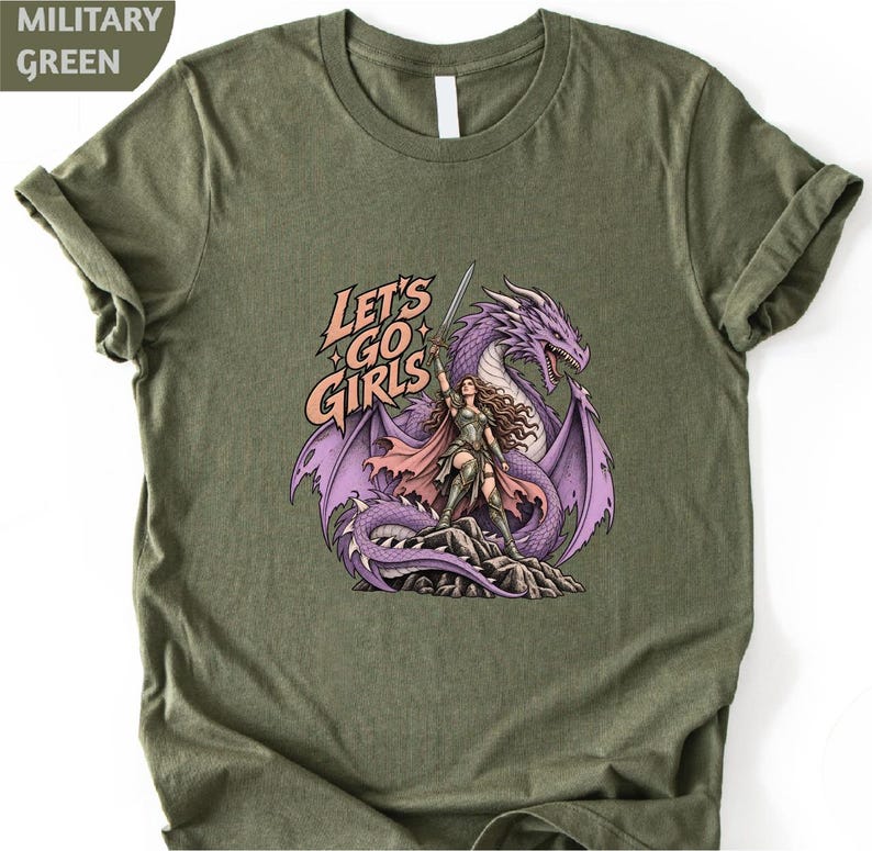 A green t-shirt with a graphic design depicting a woman riding a dragon.
