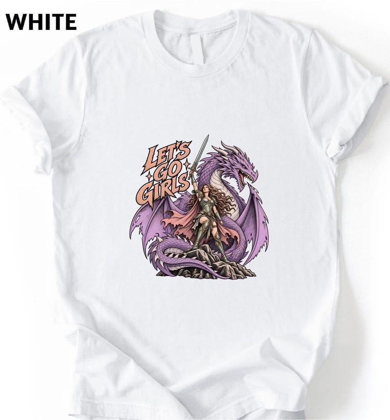 A white t-shirt with a graphic design depicting a woman standing next to a purple dragon.