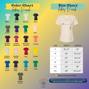 The image is a color chart for ladies' V-neck t-shirts, displaying various color options and corresponding measurements in inches.