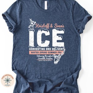 A navy blue t-shirt with a graphic design featuring text and illustrations related to Kristoff & Sven's Ice harvesting and delivery service.