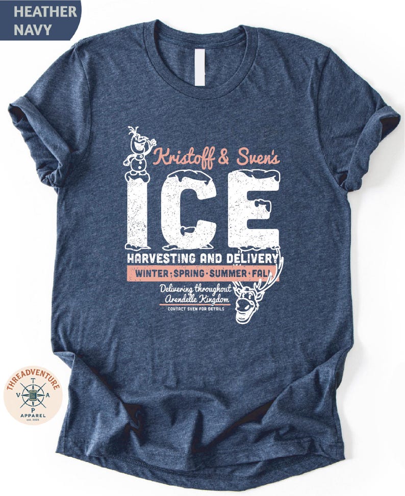 A navy blue t-shirt with a graphic design featuring text and illustrations related to Kristoff & Sven's Ice harvesting and delivery service.