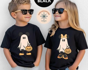 Camiseta retro de Mickey y Minnie Mouse para Halloween para niños, camiseta de Mickey Fantasma, camiseta de Minnie Fantasma, camiseta de temporada espeluznante, camiseta de Halloween para niños
