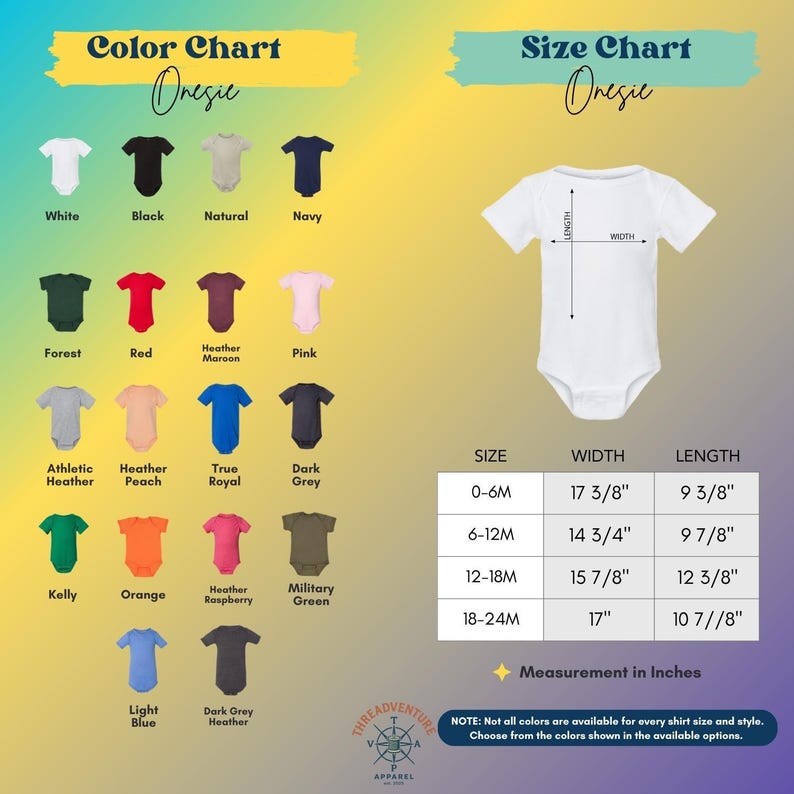 The image is a color chart and size chart for a one-piece outfit, likely a onesie. The chart displays various color options and corresponding measurements for each color, along with a size chart that provides the corresponding measurements for each color. The chart is designed to help customers choose the appropriate size based on their preferred color.