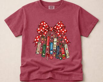 Comfort Colors Christmas Books Youth T-Shirt, Book Lover Shirt, Holiday Sweatshirt, Coquette Christmas Tee, Christmas Bow Top, Bookish Gift