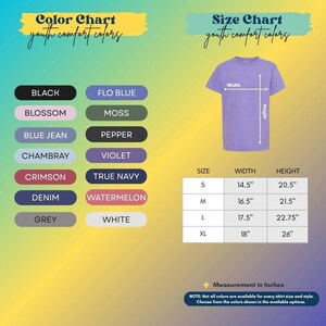 The image is a color chart and size chart for youth comfort colors, providing a visual guide for selecting the appropriate color and size for a shirt.