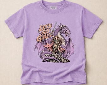 Comfort Colors Lets Go Girls Dragon Youth T-Shirt, Fantasy Sweatshirt, Warrior Girl Shirt, Dragon Tee, Adventure Top, Fantasy Lover Gift