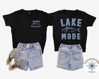 Lake Mode Custom Name and Location Youth T-Shirt, Summer Fishing Trip Kids Tee, Matching Family Vacation Shirts, Trout Fish Custom Name Tee
