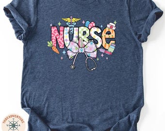 Coquette Bow Easter Bunny T-Shirt, Comfort Colors® Nurse Bunny T-Shirt, Easter Shirt for Women, Easter Top, Rabbit Sweatshirt, Easter Gift