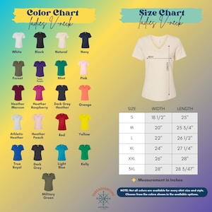 May include: A color chart and size chart for ladies' V-neck t-shirts. The color chart displays various shirt colors, including white, black, and navy. The size chart shows measurements in inches, with sizes ranging from S to 3XL.