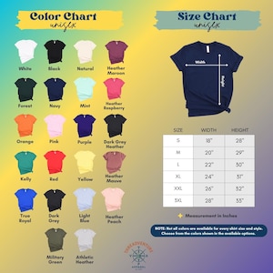 May include: A color chart and size chart for unisex t-shirts. The color chart displays various t-shirt colors, including white, black, navy, and orange. The size chart shows measurements in inches for sizes S to 3XL, with width ranging from 18" to 28" and height from 28" to 33".