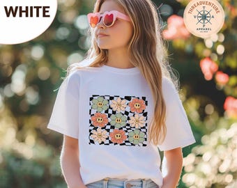 Retro Checkered Flowers Youth Shirt, Comfort Colors® Summer Shirts for Women, Boho Floral Kids T-Shirt, Floral Checkered Toddler T-Shirt